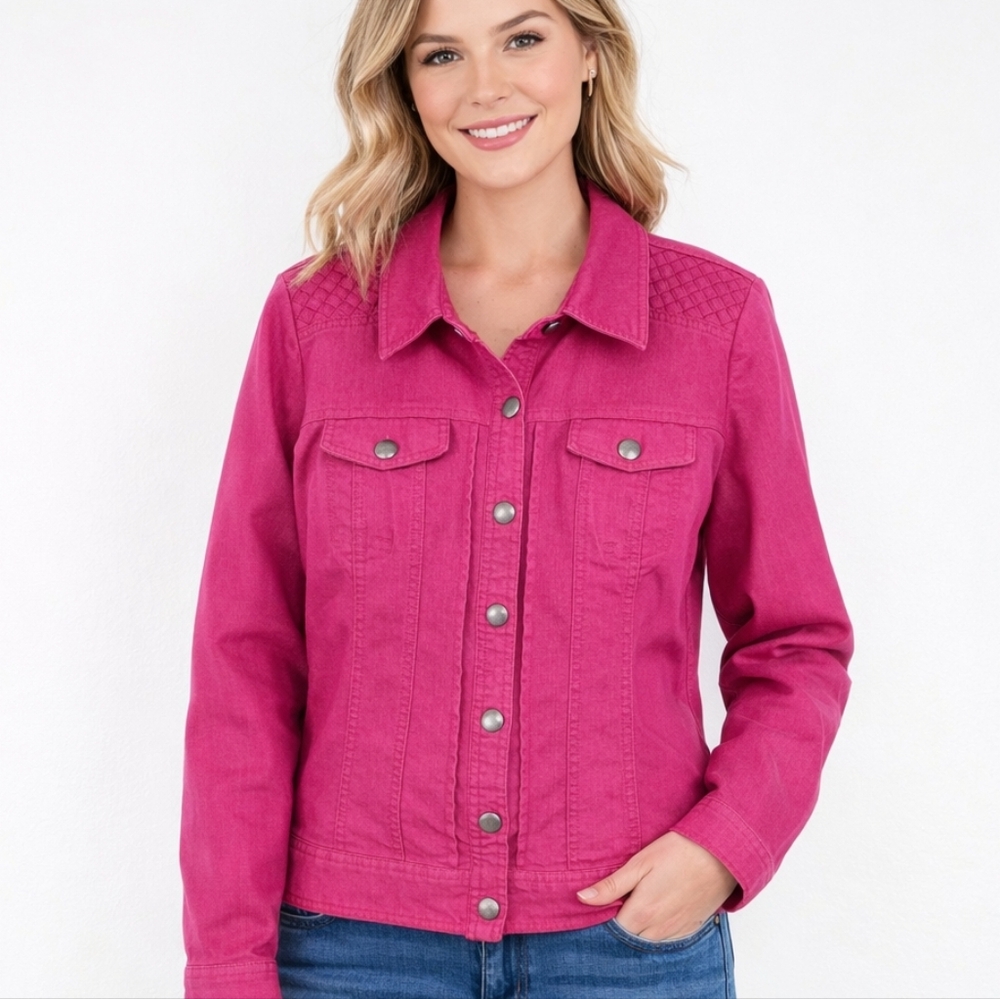 Tribal Jean Jacket Hot Pink Braided Trim Button Front.Sz 12 Barbie Coquette